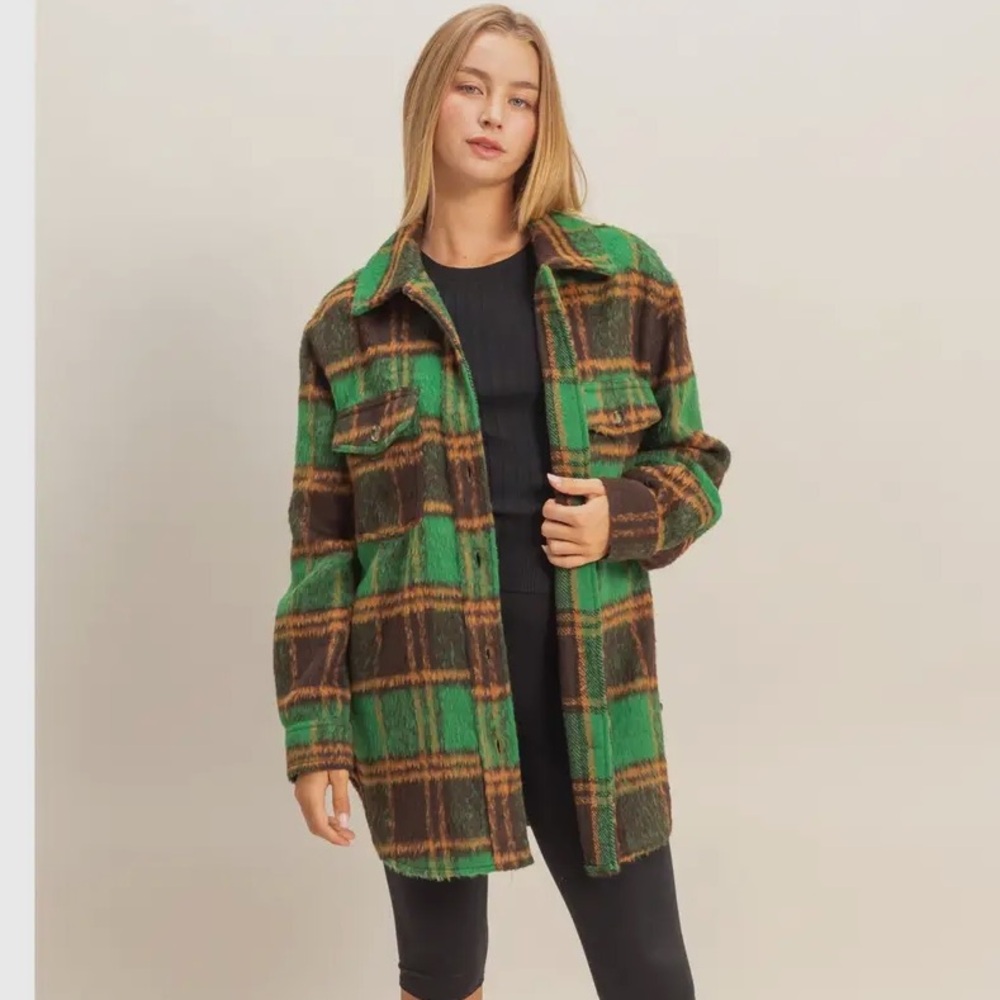 GREEN Fuzzy Mohair-Like Plaid Shacket